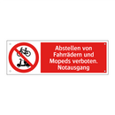 Abstellen von Fahrrädern und Mopeds verboten. Notausgang