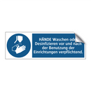 HÄNDE Waschen oder Desinfizieren vor und nach der Benutzung der Einrichtungen verpflichtend.