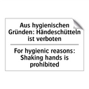 Aus hygienischen Gründen: Händeschütteln /.../ - For hygienic reasons: Shaking /.../