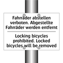 Fahrräder abstellen verboten. /.../ - Locking bicycles prohibited. Locked /.../