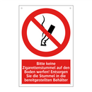 Bitte keine Zigarettenstummel auf den Boden werfen! Entsorgen Sie die Stummel in die bereitgestellten Behälter