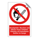 Brandgefahr: Rauchen und offenes Feuer verboten. Arbeiten mit brennbaren Stoffen im Gange