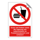 Essen und Trinken sowie die Lagerung von Lebensmitteln im Produktionsbereich sind verboten!