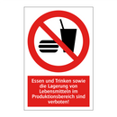 Essen und Trinken sowie die Lagerung von Lebensmitteln im Produktionsbereich sind verboten!