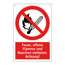 Feuer, offene Flamme und Rauchen verboten. Achtung!