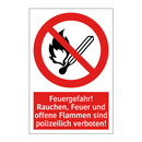 Feuergefahr! Rauchen, Feuer und offene Flammen sind polizeilich verboten!