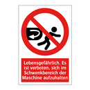 Lebensgefährlich. Es ist verboten, sich im Schwenkbereich der Maschine aufzuhalten