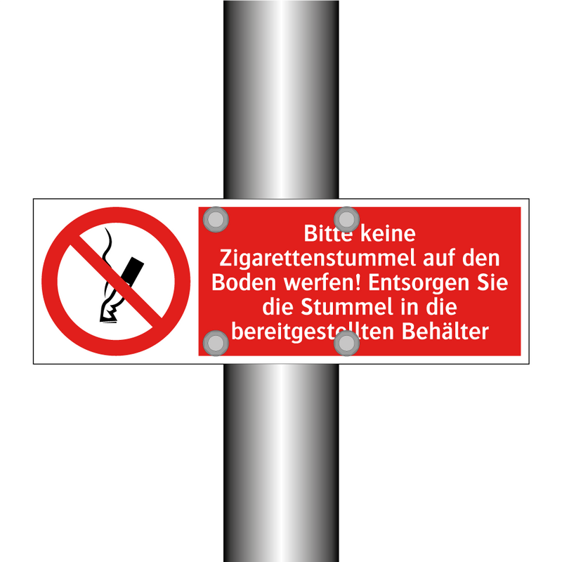 Bitte keine Zigarettenstummel auf den Boden werfen! Entsorgen Sie die Stummel in die bereitgestellten Behälter