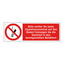 Bitte werfen Sie keine Zigarettenstummel auf den Boden! Entsorgen Sie die Stummel in den bereitgestellten Behältern