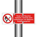 Feuer und Rauchen verboten. Vorsicht beim Laufenlassen von Motoren. Vergiftungsgefahr