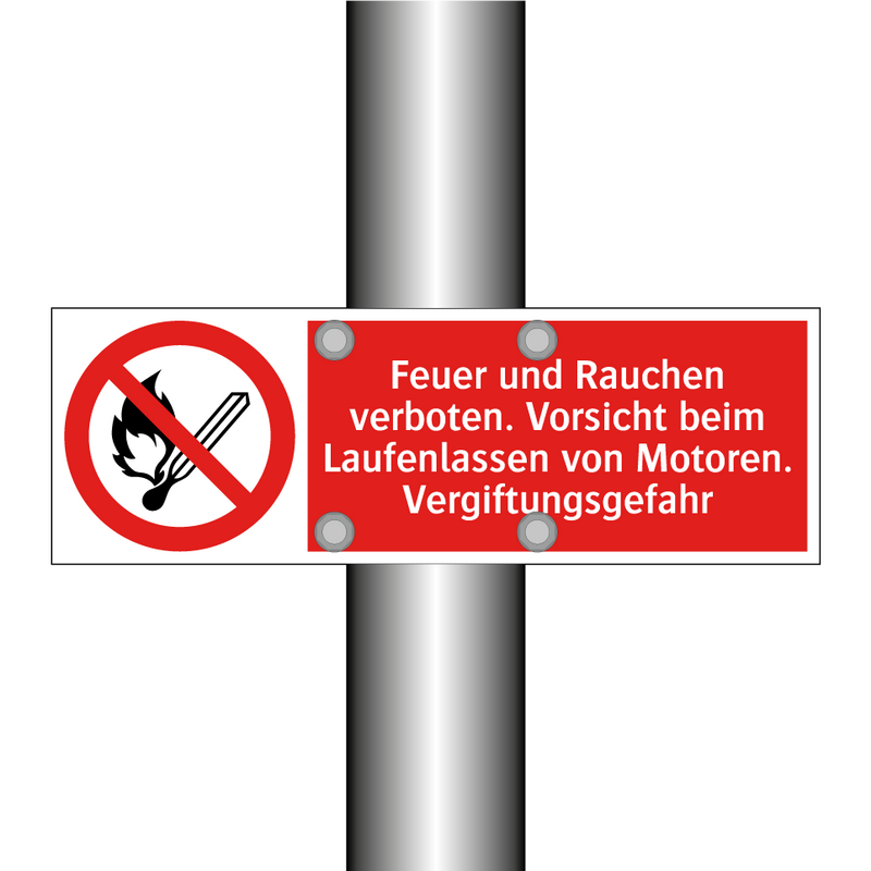 Feuer und Rauchen verboten. Vorsicht beim Laufenlassen von Motoren. Vergiftungsgefahr