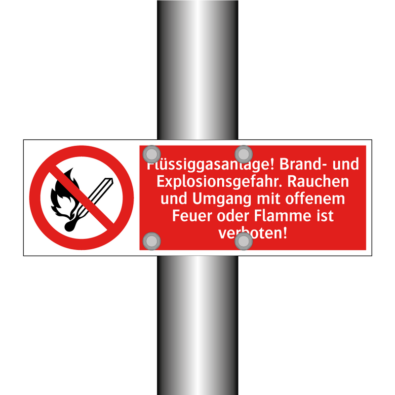 Flüssiggasanlage! Brand- und Explosionsgefahr. Rauchen und Umgang mit offenem Feuer oder Flamme ist verboten!