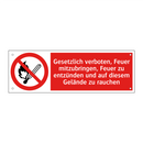 Gesetzlich verboten, Feuer mitzubringen, Feuer zu entzünden und auf diesem Gelände zu rauchen