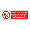 Offenes Feuer verboten; Feuer und ungeschützte Zündquellen verboten, Rauchen verboten