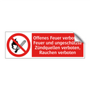 Offenes Feuer verboten; Feuer und ungeschützte Zündquellen verboten, Rauchen verboten
