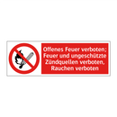 Offenes Feuer verboten; Feuer und ungeschützte Zündquellen verboten, Rauchen verboten