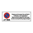 Eingang und Ausgang Tag und Nacht freihalten, auch gegenüber! Widerrechtlich geparkte Fahrzeuge werden kostenpflichtig abgeschleppt!