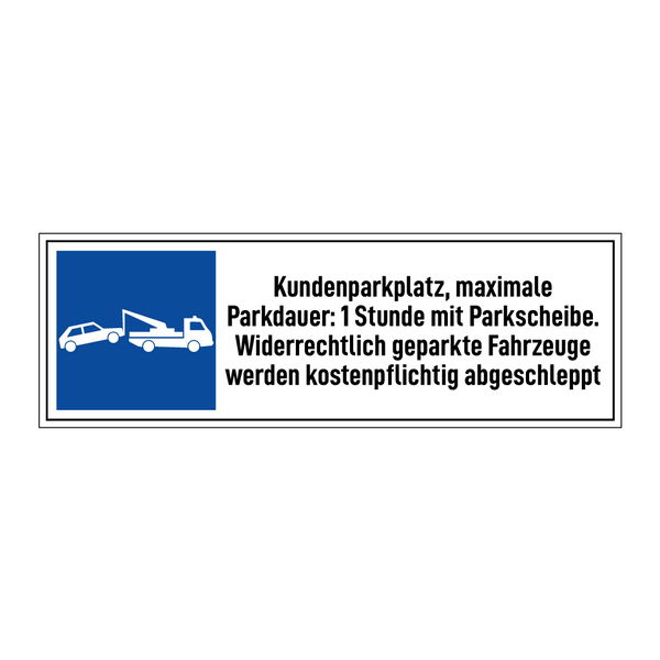 Kundenparkplatz, maximale Parkdauer: 1 Stunde mit Parkscheibe. Widerrechtlich geparkte Fahrzeuge werden kostenpflichtig abgeschleppt