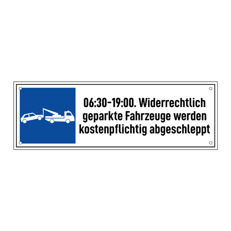06:30-19:00. Widerrechtlich geparkte Fahrzeuge werden kostenpflichtig abgeschleppt
