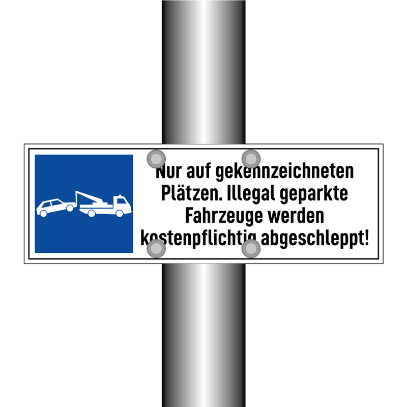 Nur auf gekennzeichneten Plätzen. Illegal geparkte Fahrzeuge werden kostenpflichtig abgeschleppt!