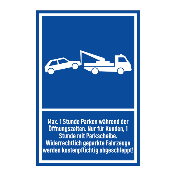 Max. 1 Stunde Parken während der Öffnungszeiten. Nur für Kunden, 1 Stunde mit Parkscheibe. Widerrechtlich geparkte Fahrzeuge werden kostenpflichtig abgeschleppt!