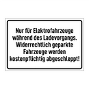 Nur für Elektrofahrzeuge während des Ladevorgangs. Widerrechtlich geparkte Fahrzeuge werden kostenpflichtig abgeschleppt!