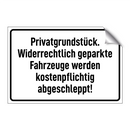 Privatgrundstück. Widerrechtlich geparkte Fahrzeuge werden kostenpflichtig abgeschleppt!