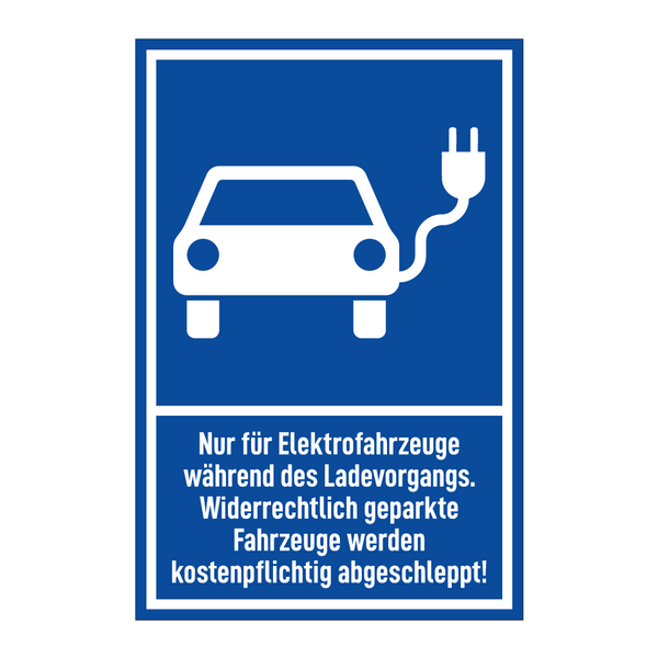Nur für Elektrofahrzeuge während des Ladevorgangs. Widerrechtlich geparkte Fahrzeuge werden kostenpflichtig abgeschleppt!
