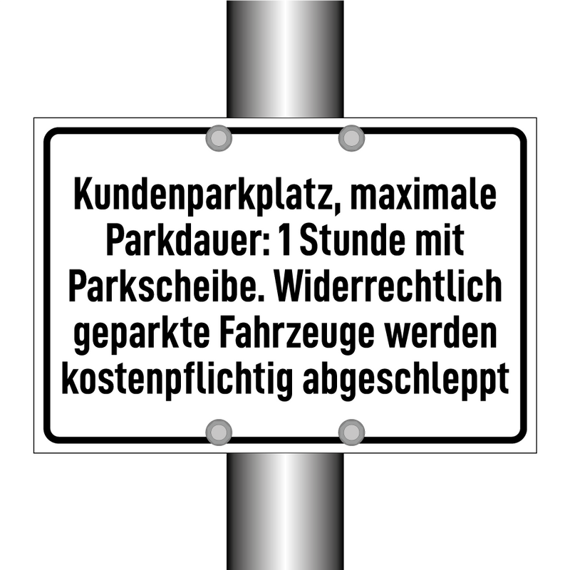 Kundenparkplatz, maximale Parkdauer: 1 Stunde mit Parkscheibe. Widerrechtlich geparkte Fahrzeuge werden kostenpflichtig abgeschleppt