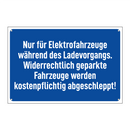 Nur für Elektrofahrzeuge während des Ladevorgangs. Widerrechtlich geparkte Fahrzeuge werden kostenpflichtig abgeschleppt!