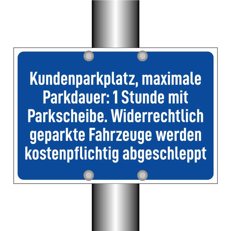 Kundenparkplatz, maximale Parkdauer: 1 Stunde mit Parkscheibe. Widerrechtlich geparkte Fahrzeuge werden kostenpflichtig abgeschleppt