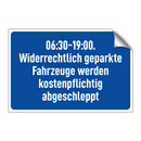 06:30-19:00. Widerrechtlich geparkte Fahrzeuge werden kostenpflichtig abgeschleppt