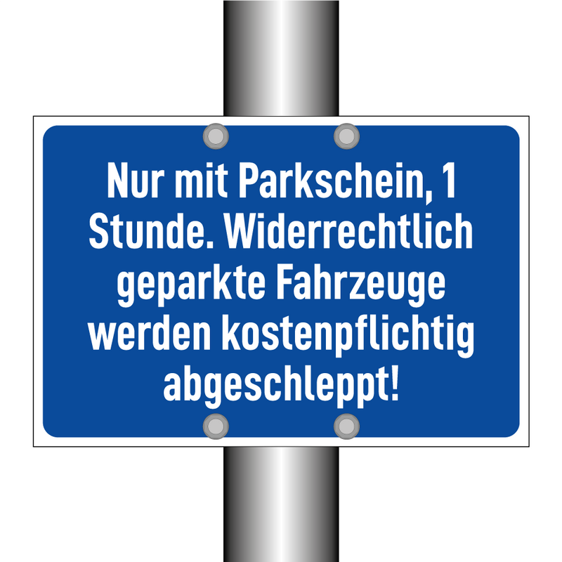 Nur mit Parkschein, 1 Stunde. Widerrechtlich geparkte Fahrzeuge werden kostenpflichtig abgeschleppt!