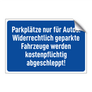 Parkplätze nur für Autos. Widerrechtlich geparkte Fahrzeuge werden kostenpflichtig abgeschleppt!