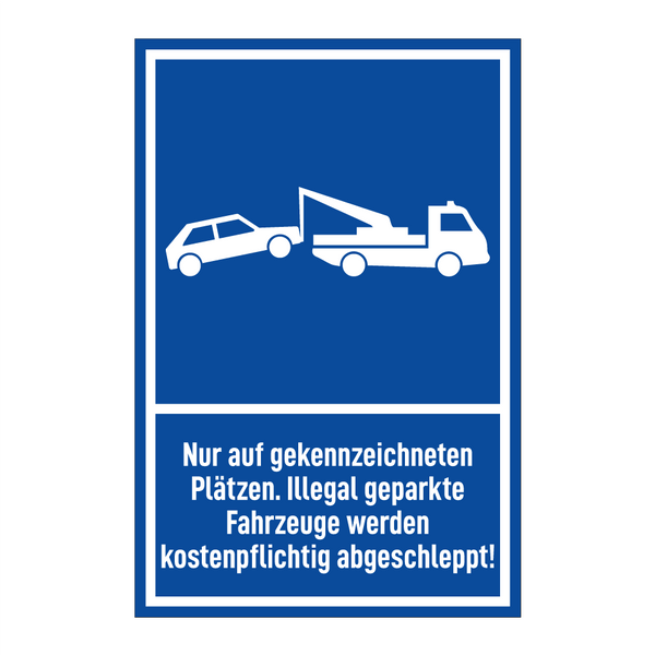 Nur auf gekennzeichneten Plätzen. Illegal geparkte Fahrzeuge werden kostenpflichtig abgeschleppt!
