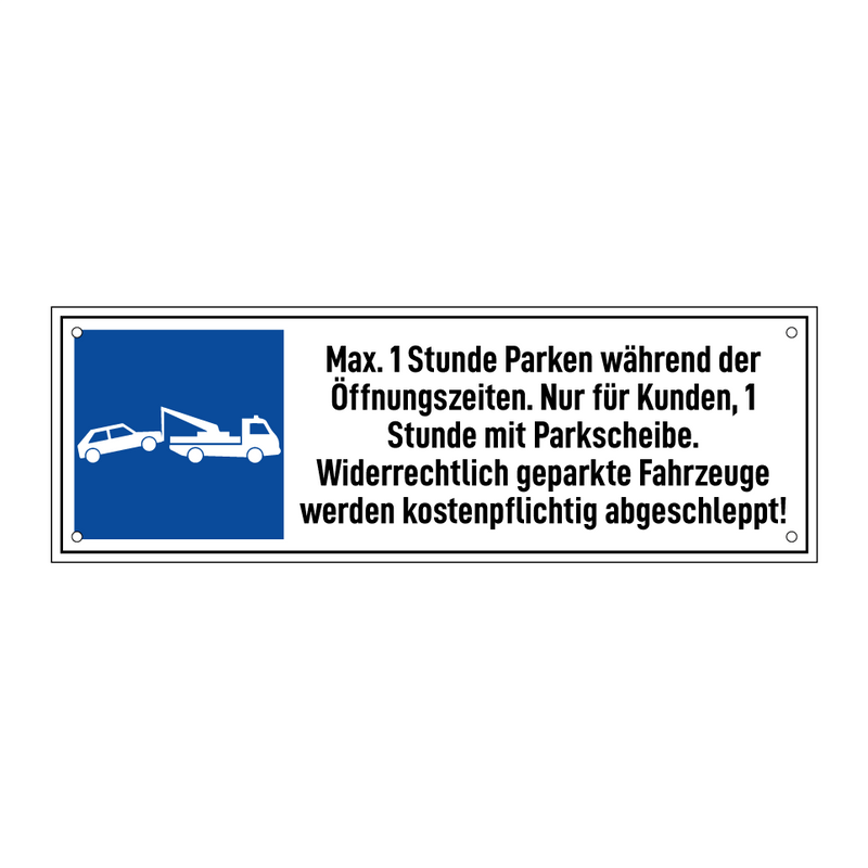 Max. 1 Stunde Parken während der Öffnungszeiten. Nur für Kunden, 1 Stunde mit Parkscheibe. Widerrechtlich geparkte Fahrzeuge werden kostenpflichtig abgeschleppt!