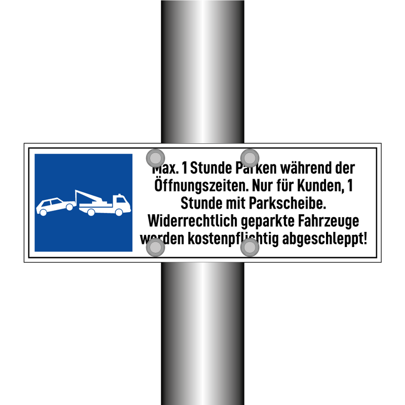 Max. 1 Stunde Parken während der Öffnungszeiten. Nur für Kunden, 1 Stunde mit Parkscheibe. Widerrechtlich geparkte Fahrzeuge werden kostenpflichtig abgeschleppt!