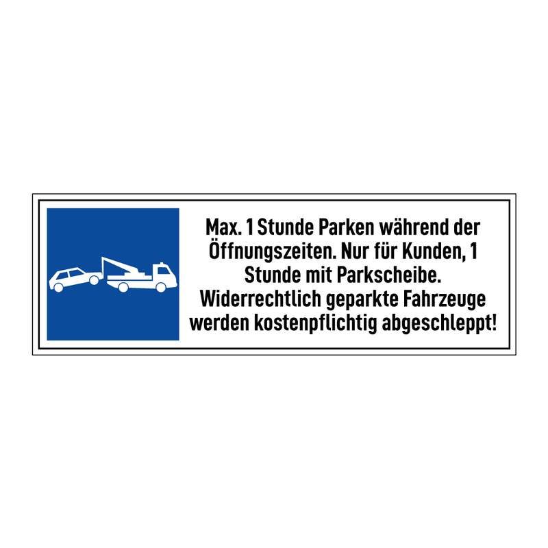 Max. 1 Stunde Parken während der Öffnungszeiten. Nur für Kunden, 1 Stunde mit Parkscheibe. Widerrechtlich geparkte Fahrzeuge werden kostenpflichtig abgeschleppt!