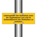 Lebensgefahr! Der Aufenthalt unter der angehobenen Last und im Schwenkbereich des Drehtellers ist verboten.