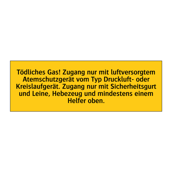 Tödliches Gas! Zugang nur mit luftversorgtem Atemschutzgerät vom Typ Druckluft- oder Kreislaufgerät. Zugang nur mit Sicherheitsgurt und Leine, Hebezeug und mindestens einem Helfer oben.