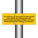 Die Lagerung von Sauerstoff und Wasserstoff muss gemäß den Anforderungen der Unfallversicherungsträger erfolgen, mit einem Mindestabstand von 2 Metern voneinander.