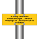 Warnung Gefahr von Bodensenkungen. Zutritt für Unbefugte im Umkreis von 10 m verboten!