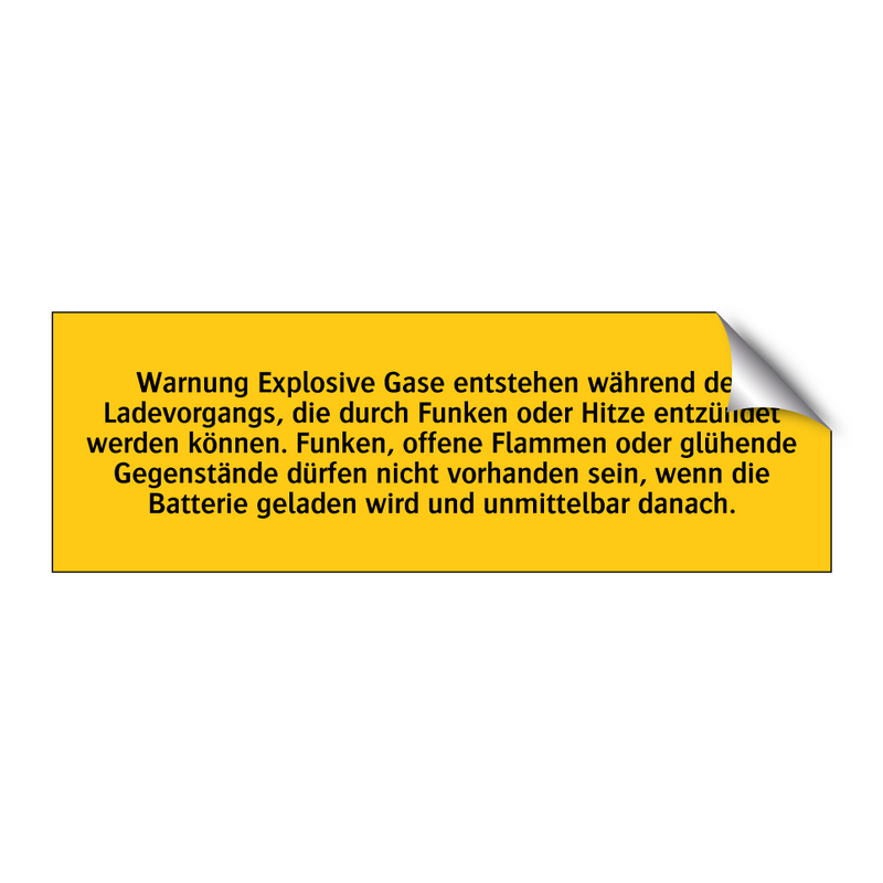 Warnung Explosive Gase entstehen während des Ladevorgangs, die durch Funken oder Hitze entzündet werden können. Funken, offene Flammen oder glühende Gegenstände dürfen nicht vorhanden sein, wenn die Batterie geladen wird und unmittelbar danach.
