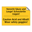 Vorsicht Säure und Lauge! Schutzbrille /.../ - Caution Acid and Alkali! Wear /.../