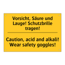 Vorsicht, Säure und Lauge! Schutzbrille /.../ - Caution, acid and alkali! Wear /.../