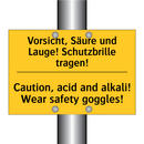 Vorsicht, Säure und Lauge! Schutzbrille /.../ - Caution, acid and alkali! Wear /.../