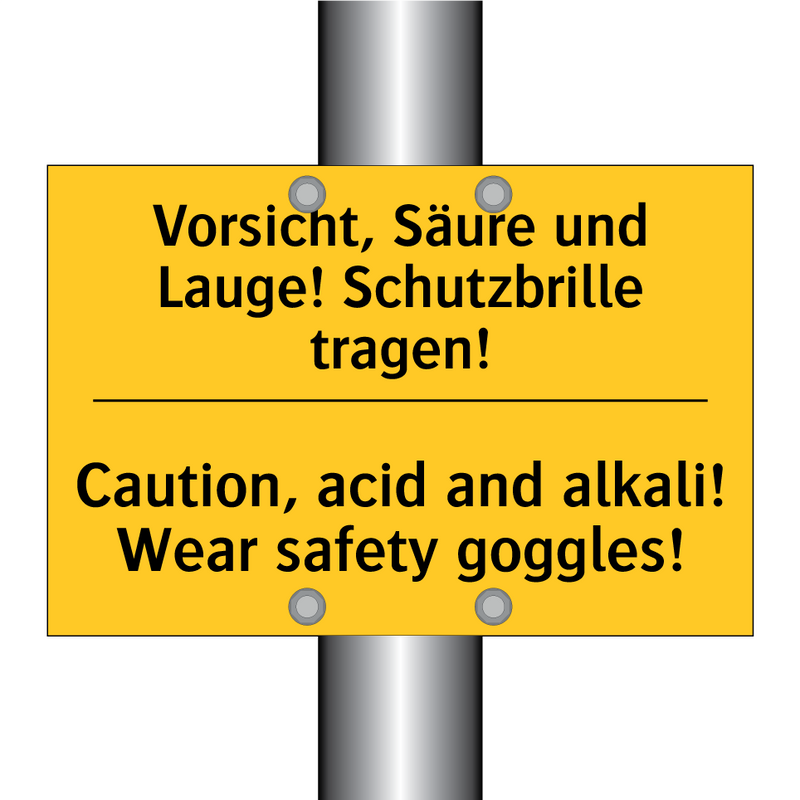 Vorsicht, Säure und Lauge! Schutzbrille /.../ - Caution, acid and alkali! Wear /.../
