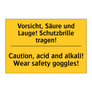 Vorsicht, Säure und Lauge! Schutzbrille /.../ - Caution, acid and alkali! Wear /.../
