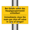 Bei Gefahr sofort das Hauptgassperrventil /.../ - Immediately close the main gas /.../