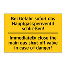 Bei Gefahr sofort das Hauptgassperrventil /.../ - Immediately close the main gas /.../